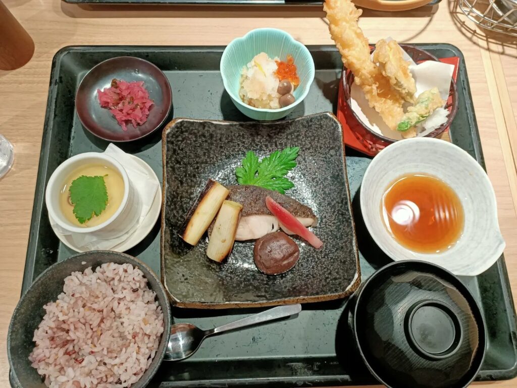 photo of a tray with small bowls and plates of different foods